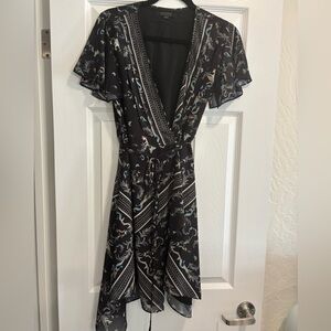 All Saints gorgeous Black and Blue Patterned wrap Midi Dress. Size 6
